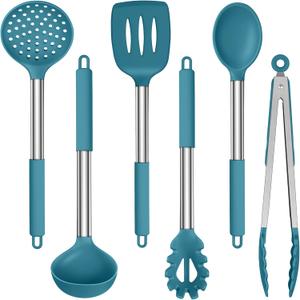 LIANYU Silicone Kitchen Cooking Utensils Set, 6Pcs Heat Resistant Kitchen Tools Spatula for Nonstick Cookware, Slotted Turner, Spoon, Soup Ladle, Pasta Server, Skimmer, Tongs, Blue