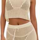 Fisoew Womens 2 Piece Crochet Sets Sleeveless Crop Tops Cover Up Beach Mini Skirt Outfits Vacation Sets (Beige, L)