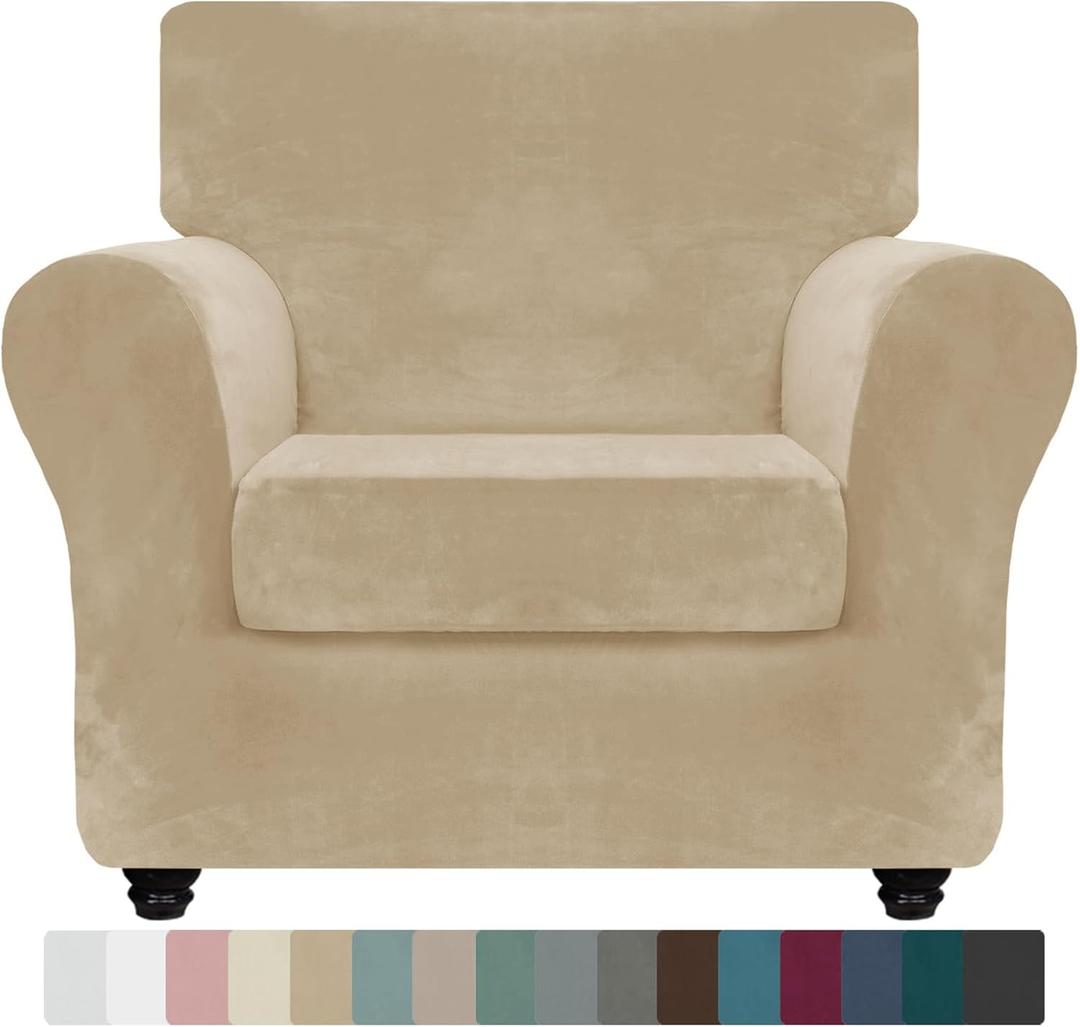 ZNSAYOTX Luxury Velvet Chair Slipcovers with Arms 2 Piece Stretch Chair Covers for Living Room Thick Soft Armchair Slipcover Anti Slip Dog Pet Friendly Furniture Protector (Camel),30"-47"(1 Cushion)