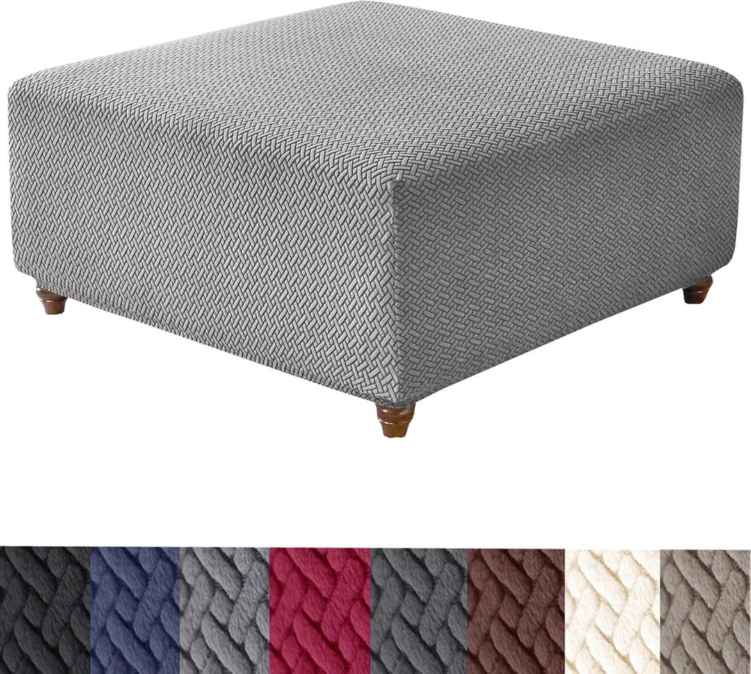 HFCNMY Stretch Knitted Jacquard Ottoman Cover - Thick Washable Slipcover for Square Storage Ottoman With Elastic Bottom, Gray, Medium (Grey)