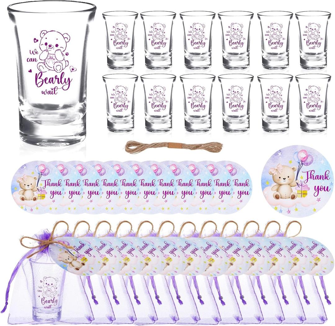 50 Sets Purple Baby Shower Favors for Guest Boy Girl Theme Party Gift | Includes We Can Bearly Wait Acrylic Clear Shot Glasses Thank You Cards Twine Organza Bags for Birthday Gender Reveal