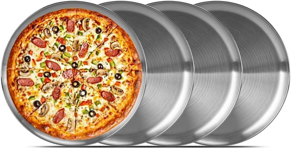 4 Pack 13 Inch Stainless Steel Pizza Pans - Oven Crisper Round Baking Trays, Food Serving Plates for Pie, Cookie