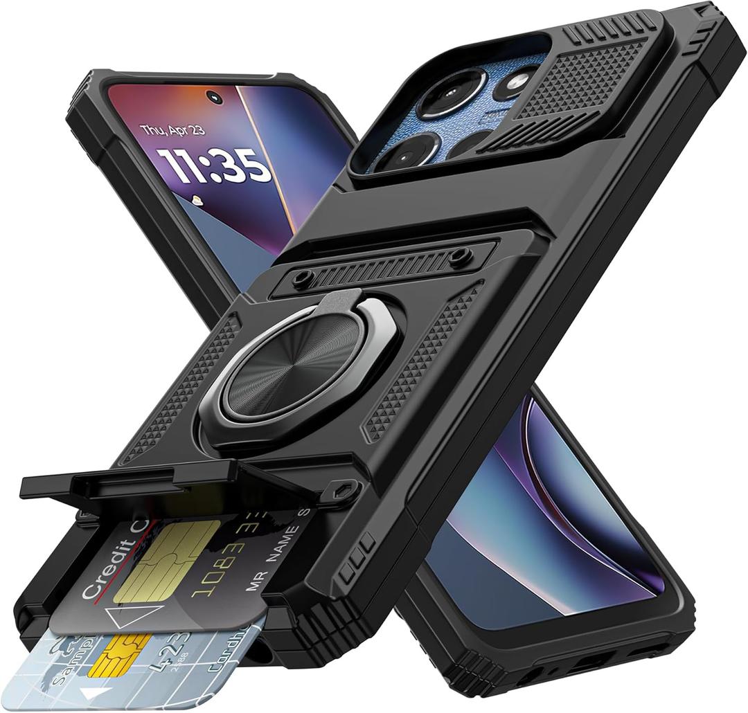 Vofolen for Motorola Moto G 5G 2025 Case with Card Holder [Store 2 Cards] + 360 Magnetic Rotated Ring Kickstand Dual Layer Heavy Duty Shockproof Wallet Phone Case for Moto G 5G 2025, Black