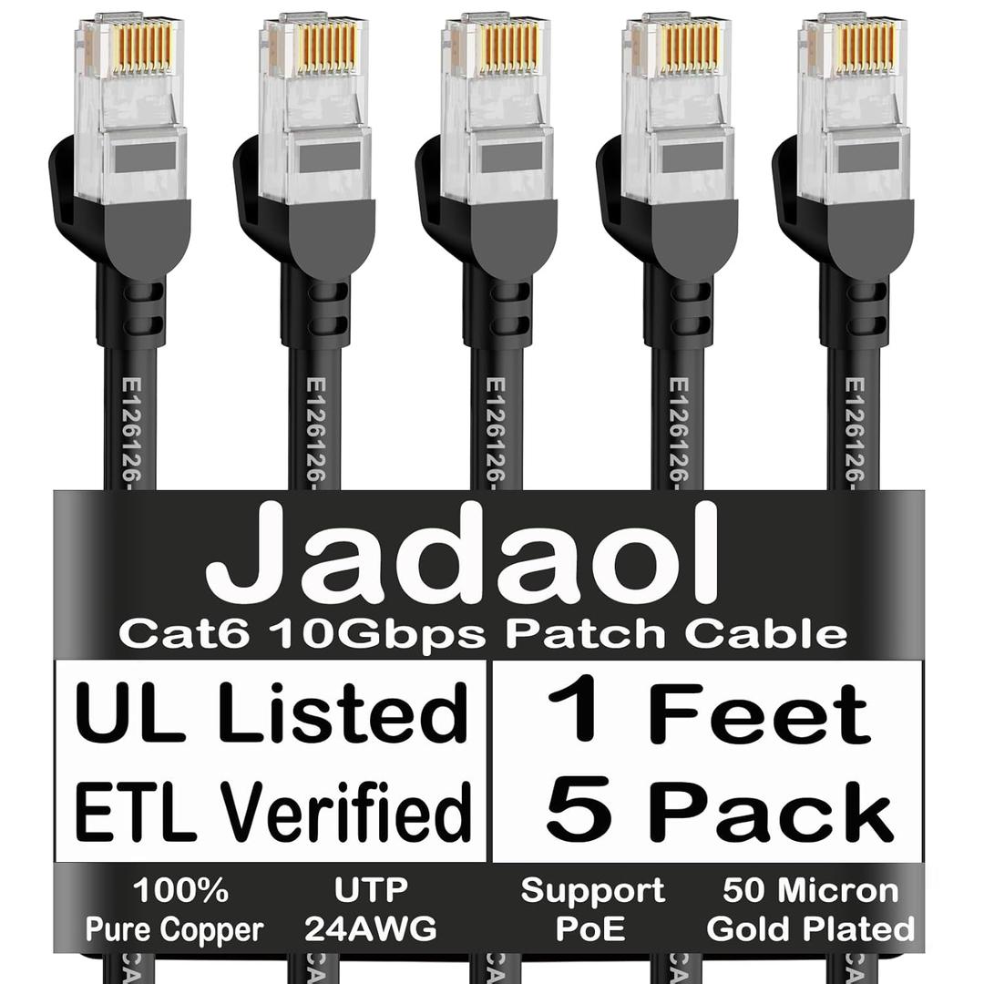 Jadaol Cat6 Ethernet Patch Cables 1ft 5-Pack, 10Gbps 24AWG Pure Copper RJ45 Cat6a Patch Cable, Support Cat8/7 Network, Outdoor&Indoor Rated for Patch Panel to Switch, Server, Router, Modem, PC - Black