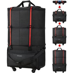 mixi Travel Bag with Wheels Expandable Foldable Luggage Bag Collapsible Rolling Travel Bag Duffel Bag Large Capacity Suitcase for Men Women, Black, 11.81 Inches X 19.68 Inches X 4.72 Inches
