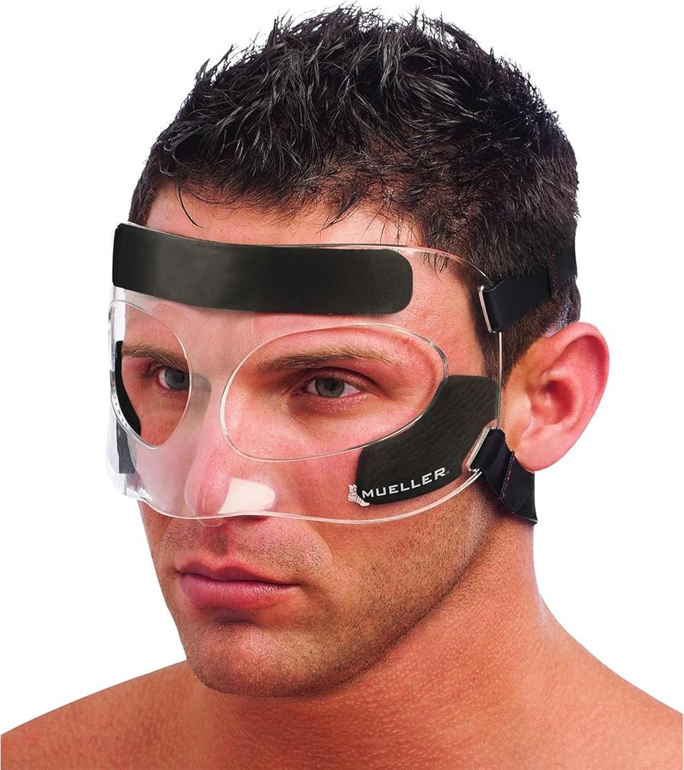 MUELLER Sports Medicine Face Mask for Men & Women, Adjustable Clear Face Guard, Nose & Cheek Protection for Basketball & Cosmetic Procedures, Shatterproof with Foam Padding, One Size