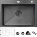 HOTIS 24 X 18 Inch Black Drop In Kitchen Sink, Black Stainless Steel Kitchen Sink, Large Residential Sink with 2 Holes, Single Bowl Topmount Workstation Sink with Dish Grid & Drain