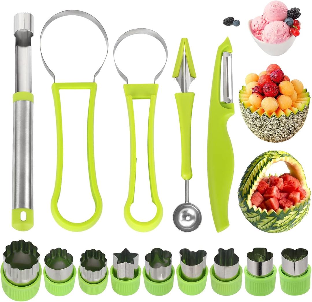 14 Pack Melon Baller Scoop Set - 4 in 1 Stainless Steel Fruit Tool Set Fruit Scooper Seed Remover with Fruit Vegetable Cutter Shapes Set Fruit Peeler for Fruit Slicer Dig Pulp Separator