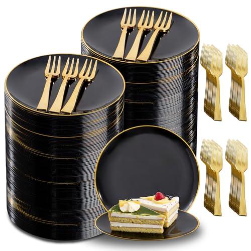 Festiva 400Pcs Black Gold Dessert Plates 6.3" with Forks 5"- 200PCS Small Disposable Dessert/Cake/Appetizer Plates and 200PCS Forks - Serve 200 Guests for Birthday Party& Wedding