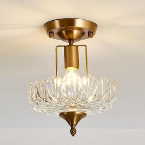 UOFUS Vintage Gold Semi Flush Mount Ceiling Light Fixture with Clear Glass Shade Antique Brass Small Chandelier Flower Close to Ceiling Light for Hallway Entryway Bedroom Porch Foyer Corridor Kitchen