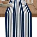Stripe Table Runner-Navy Blue Gray White Cotton linen-Long 108 inche Dresser Scarves,Farmhouse Tablerunner for Kitchen Coffee/Dining/Sofa Table Bedroom Home Living Room,Scarf Decor for Holiday Dinner