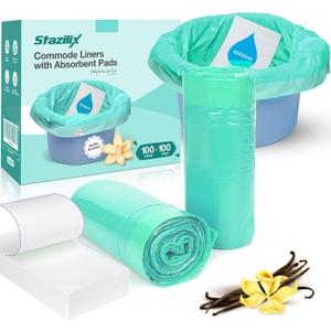 Bedside Commode Liners with Absorbent Pads, Extraordinary Thick (40 Mil), Potty Chair Liners – 100 Liners + 100 Super Absorbent Pads, Leak-Proof, Gel-Lock Absorbent Core, Drawstring Closure