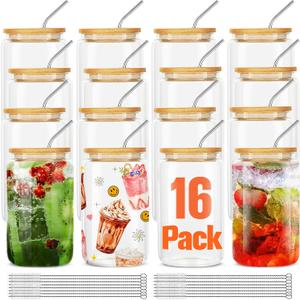 16Pcs Glass Cups With Bamboo Lids and Straws,16Oz Ice Coffee Cup,Drinking Glasses Cups Set,Water Bottles Glasses for Juicing,Beer,Coffee,Soda,Tea-Glass Tumbler Reusable for Gifts