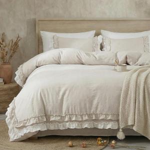 Bedorm Beige Duvet Cover Set King Ruffle Bedding Set Pleat Ruffled Shabby Chic Comforter Cover Extra Soft & Easy Care White Boho Duvet Cover with Zipper Closure (Cream)