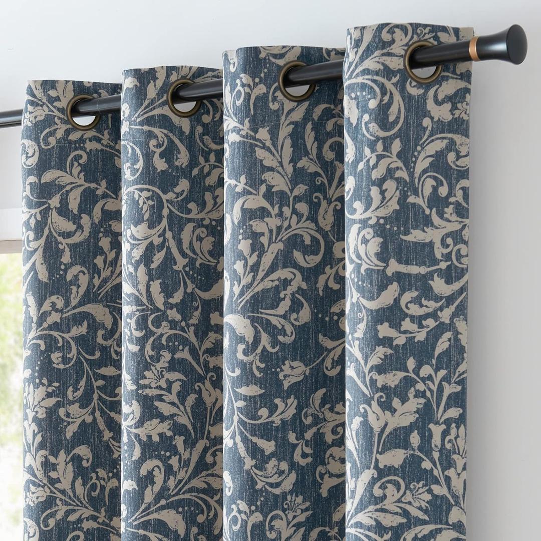 jinchan 80% Blackout Curtains for Living Room, Farmhouse Drapes with Scroll Floral Patterned for Bedroom, Grommet Top Thermal Insulated Curtains, Vintage Country Drapes 84 inch Length 2 Panels Blue