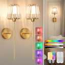 Battery Operated Crystal Wall Sconces Set of 2, Wireless Wall Lamp with RGB Rechargeable Dimmable Bulbs, Gold Wall Sconce with Remote for Bedroom, Living Room (Bulbs Included)