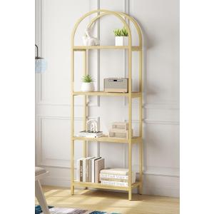 Bookshelf Arched Bookcase, Industrial 4-Tier Open Shelves with Metal Frame, 72" Tall Freestanding Storage Display Rack for Home Office, Living Room, Gold & Nature Wood, Easy Assembly