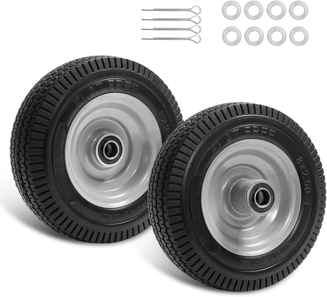 8-Inch Solid Tire Replacement - 2.50-4"Flat Free Tire and Wheel Heavy-Duty for Gorilla Carts, Yard Tractors, Wagons - Replacement Tires with 5/8" Bearings & 2.25" Offset Hub (Pack of 2)