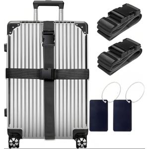 2 x 4-piece Set of Lockable Luggage Straps - Two Luggage Straps and Two Luggage Tags to Protect Your Luggage from Bursting, Suitable for suitcases 20-32 in(Black Strap (excluding Password Lock))