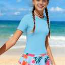 Girls Rash Guard Swimsuits Short Sleeve Swimwear Skirt with Built-in Shorts Girls Bathing Suits Size 6-14