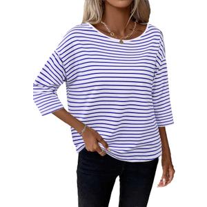 LilyCoco Womens 3/4 Length Sleeve Tops Striped Boat Neck Shirt Frenchy Cotton Tees (Blue, XL)
