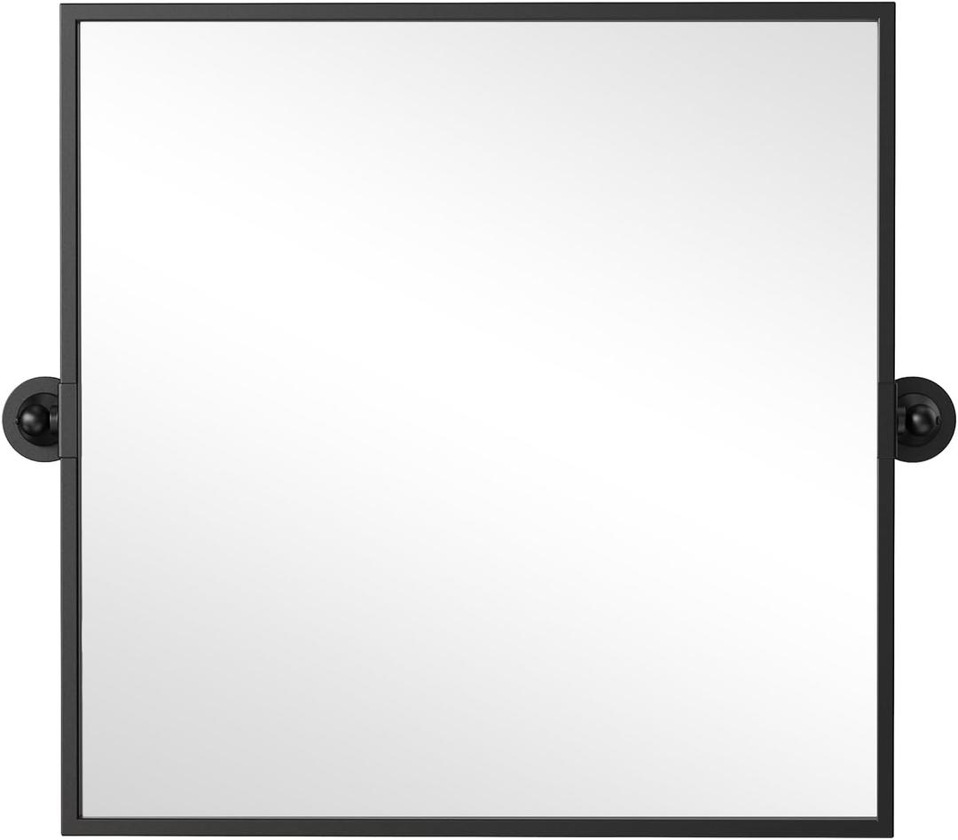 26"x26" Square Black Mirror,Pivot Mirror for Bathroom,Tilt Beveled Vanity Mirror,Metal Frame Piovting Mirror Hanging for Bedroom Entryway Living Room Farmhouse