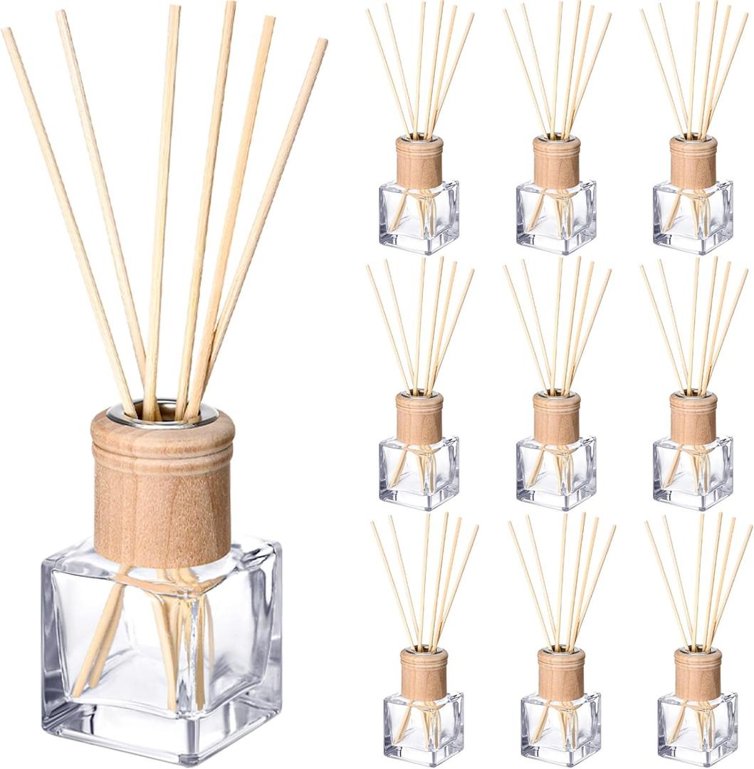 Roshtia 10 Set Reed Diffuser Bottle Empty Refillable Fragrance Glass Diffuser Bottles with Wooden Caps Rattan Sticks 50ml 1.7 oz Square Glass Jars for DIY Fragrance