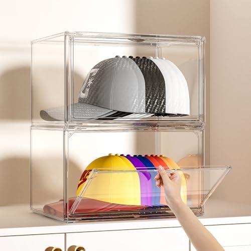 Amazon.com - ZHAIXIAONIAN Hat Organizer Box, 2 Pack Hat Storage for Baseball Caps, Stackable Cap Hat Container Holder Rack with Magnetic Lids, Dustproof and Waterproof Acrylic Dispaly Case