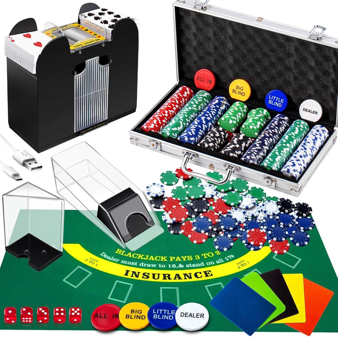 Aoriher Blackjack Casino Game Set, Include 300 Poker Chips, Casino Felt 1 Automatic Card Shuffler 6 Deck Dealer Shoe Discard Holder Tray Aluminum Case for Texas Holdem Blackjack Poker (Green)