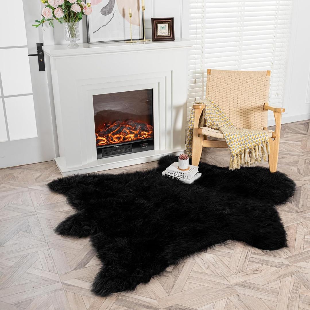 AbunHeri Black Bear Rug Faux Cowhide Rug Animal Print Area Rug Faux Sheepskin Fur Carpet Decor for Living Room 5.1x6.1 Feet