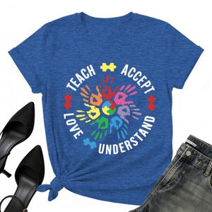 Autism Teach Shirts Women Autism Awareness T Shirt Autism Support Tee Tops Autism Teacher Short Sleeve Shirt (Blue, L)