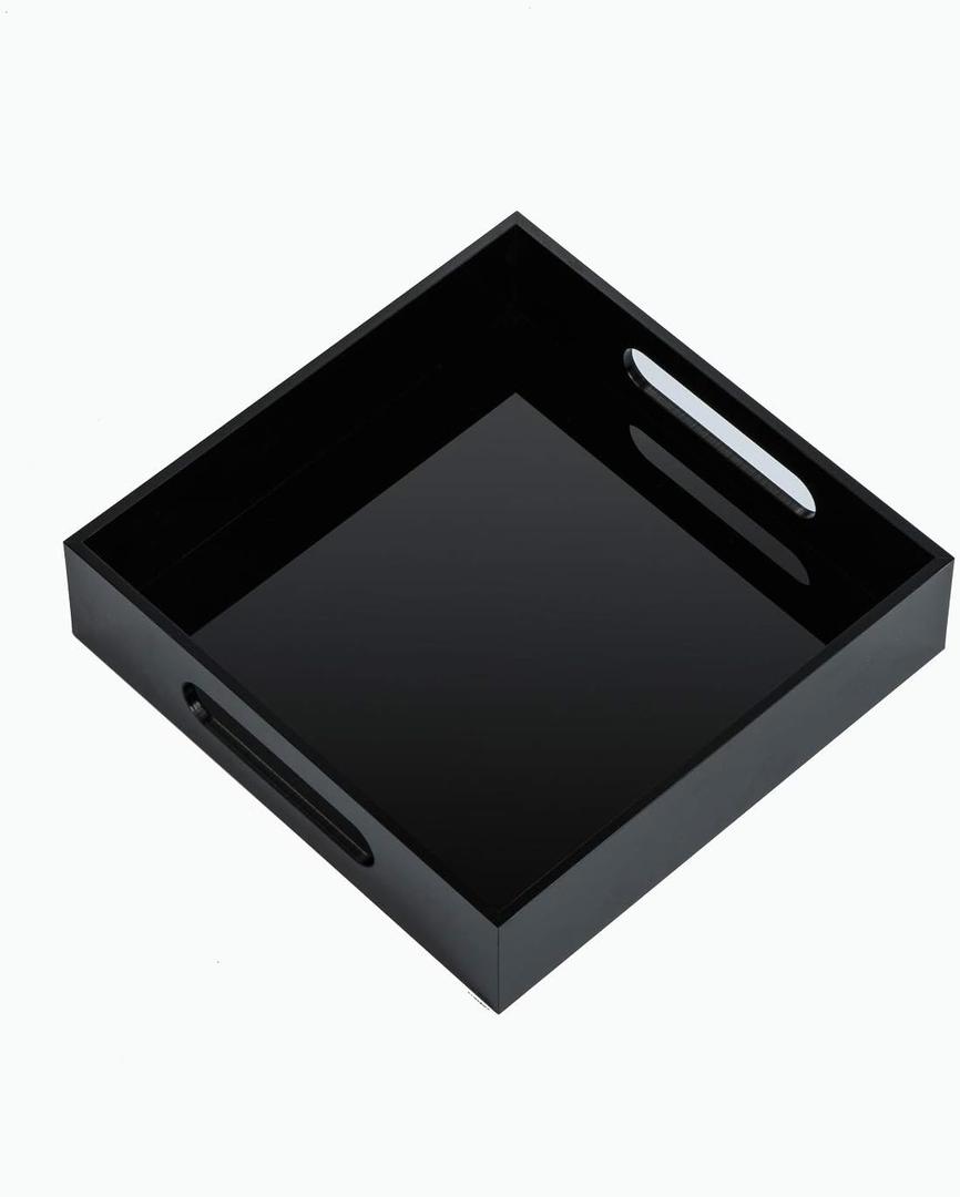 KEVLANG Black Sturdy Acrylic Tray with Handles-8x8 Inch- Countertop Organizer Tray for Kitchen,Bathroom,Office- Storage Box for Cosmetics, Jewelry,Toiletries,Toy,Gadgets
