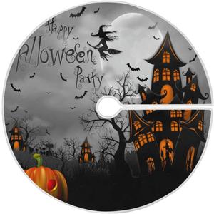 Happy Halloween Black Castle Christmas Tree Skirt Decorations Spooky Pumpkin Witch Bat Ghost Xmas Tree Mat 36 inch for Holiday Party Supplies Rustic Ornaments Mini Tree Skirt
