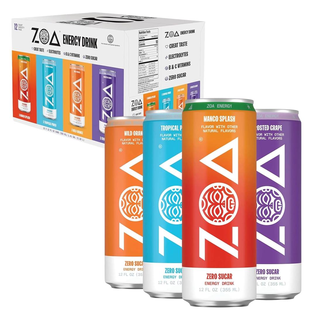 ZOA Zero Sugar Energy Drinks, Variety Pack - Sugar Free with Electrolytes, Healthy Vitamin C, Amino Acids, Essential B-Vitamins, and Caffeine from Green Tea (MS, TP, FG, WO)- 12 Fl Oz (12-Pack) BBD Aug 4 2026