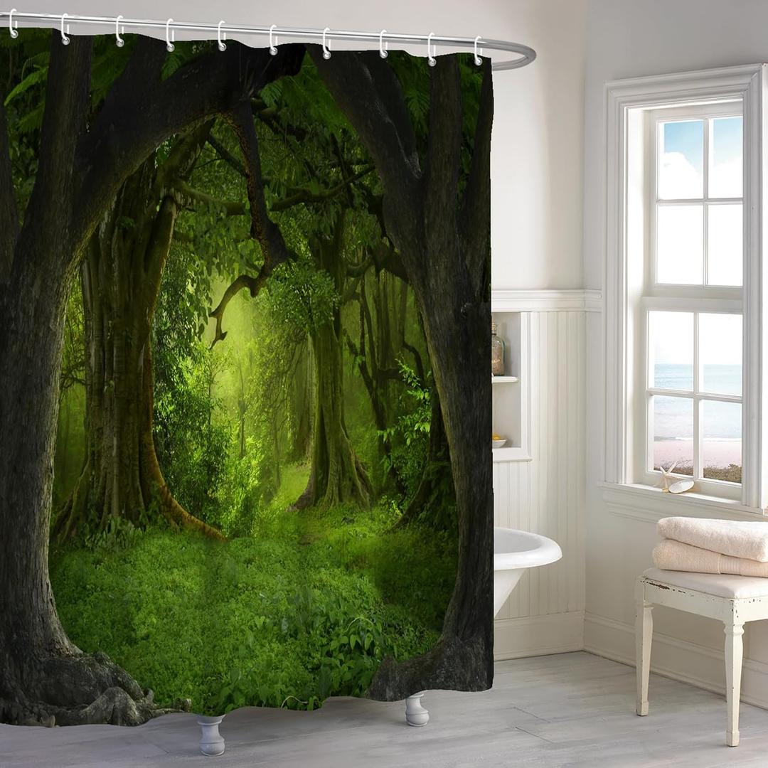 Renaiss 72x72 Inches Green Enchanted Forest Shower Curtain Tropical Old Tree Deep Jungle Rainforest Fantasy Nature Landscape Aesthetic Shower Curtains for Bathroom Decor Waterproof with Hooks