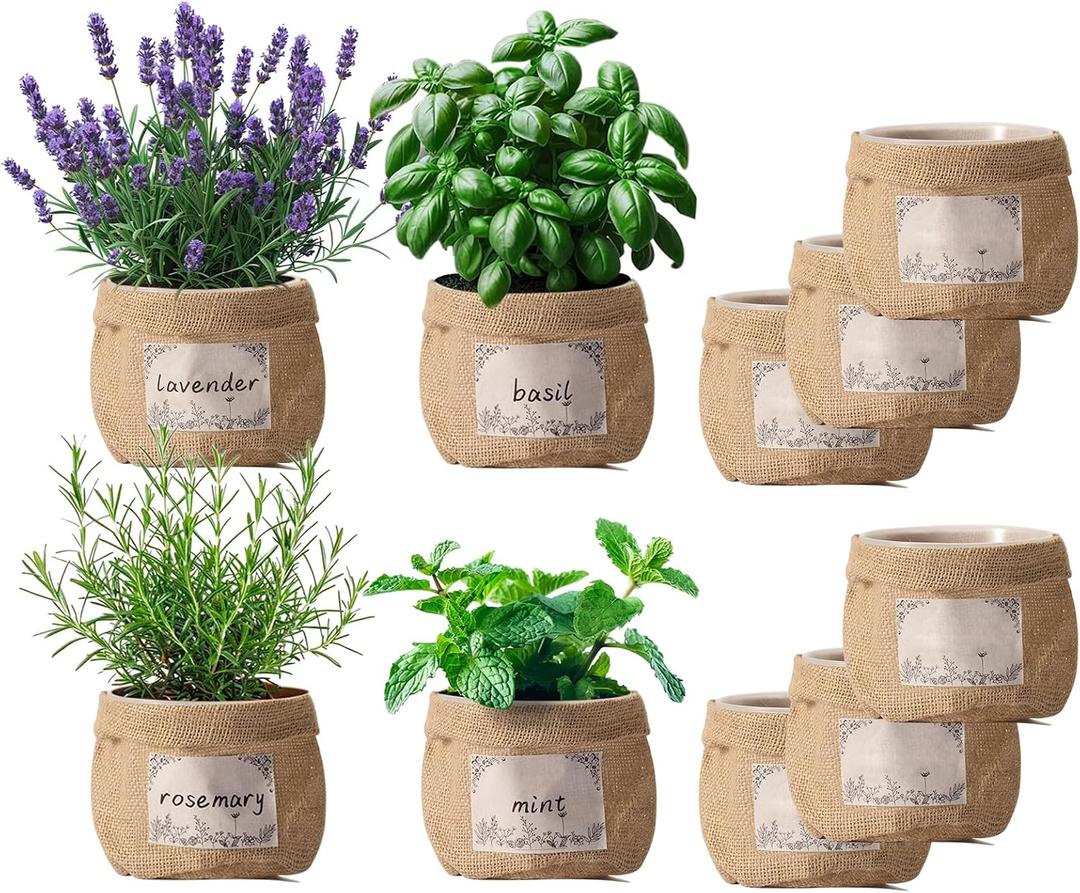 10 Sets herb pots for Indoor Plants,5 inch Clear Plastic Plant Pots with Drainage and Saucer,herb planters with Vintage Decorative Burlap Flower-Pot Cover for Windowsill, Kitchen, Balcony
