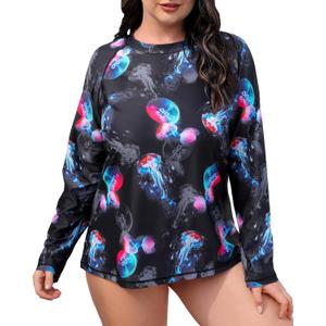 Halcurt Women's Plus Size Long Sleeve Rash Guard Swim Shirts UPF50+ Sun Protection Loose Fit Swimsuit Top (Black)