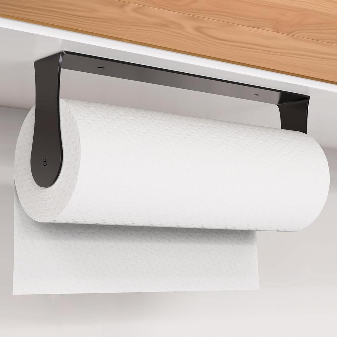 HZE Paper Towel Holder Under Cabinet, Wall Mount, Stainless Steel Paper Towel Holder for Kitchen and Bathroom, Adhesive or Screws, Silver (Black)