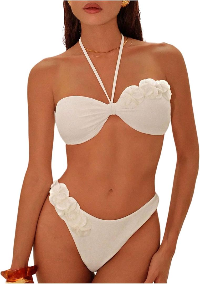SHENHE Women's Halter Bandeau Bikini Set 3D Flower Swimsuits High Cut Bathing Suits 2 Piece, M