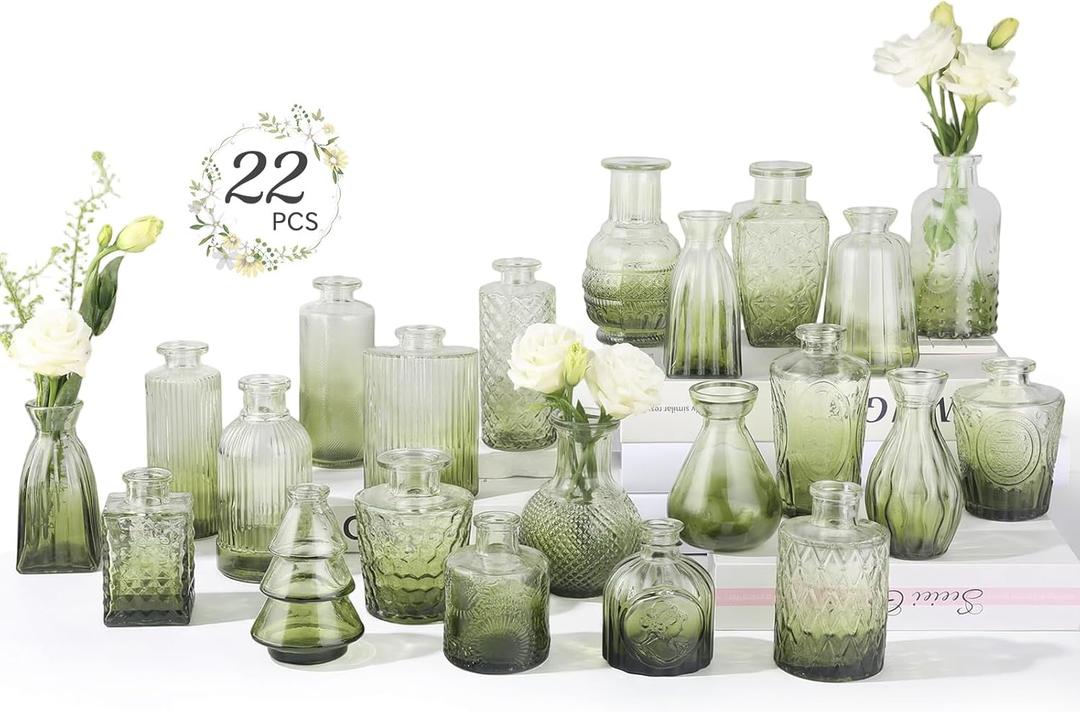 RUCKACE Bud Vases in Bulk 22 Green Glass Small Vases Flower Vase Bulk for Centerpiece Table Wedding Decorations Home Decor Party(Gradient Green 22 Pack)