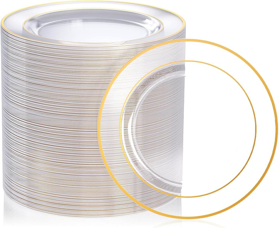 FOCUSLINE 100 Count Clear Gold Plastic Plates 7 Inch, Disposable Heavy Duty Clear Plates with Gold Rim, Premium Hard Plastic Plates Fancy Disposable Clear Salad Plates for Wedding Parties (Clear Plastic Plates with Gold Rim)