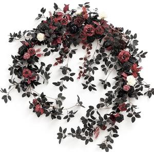 Ling's moment 9FT Eucalyptus & Willow Leaf Garland with White Flower, Handcrafted Wedding Sweetheart Table Centerpieces Head Table Decor Arch Backdrop Decorations for Wedding | Black & Burgundy