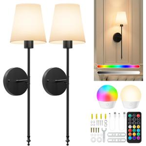 Brightown Battery Operated Wall Sconces Set of 2, Cordless Wall Lights with Rechargeable Bulbs and Remote, 12 Lighting Colors and Dimmable, Battery Powered Wall Lights for Bedroom Living Room, Black
