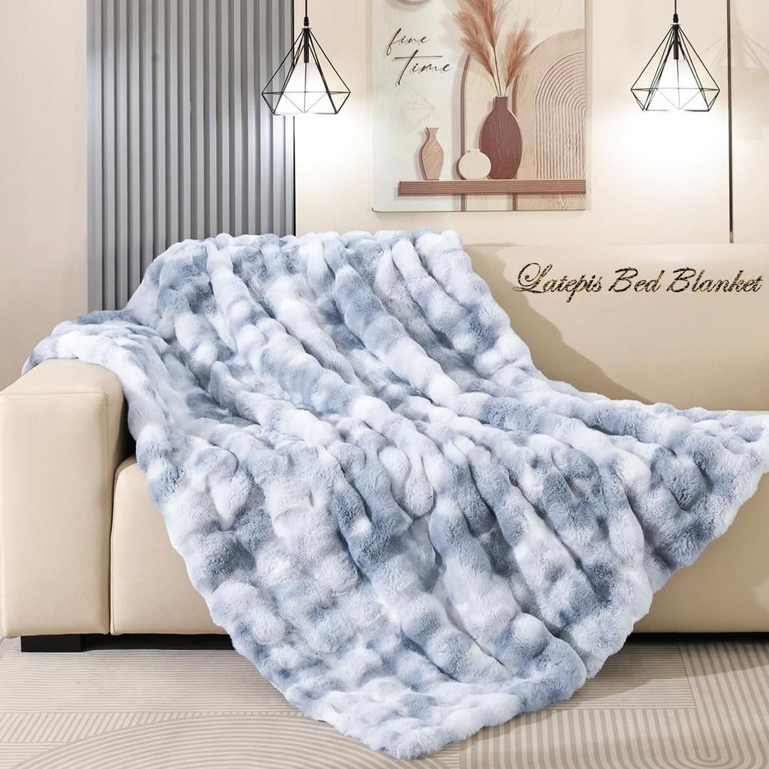 Latepis Faux Fur Throw Blanket for Couch, Soft Luxury Faux Fur Bubble Blanket for Sofa and Bedroom, Plush Thick Warm Cozy Fluffy Blanket for All Seasons, 50 x 60, Tie-dye Blue