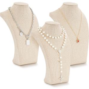 Kigley 3 Pcs Linen Jewelry Display Bust Necklace Display Stand Necklace Mannequin Holder for Jewelry Selling Trade Shows