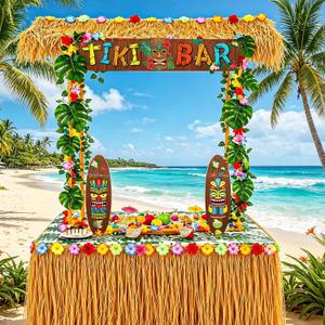 Tiki Bar Hut Kit with LED Lights, Hawaiian Luau Party Decorations Set with Roof, Table Skirt, Tablecloth, Tropical Banner, Surfboard Signs, Palm Leaves for Beach Pool Tropical Party Decor