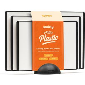SMIRLY Plastic Cutting Board Set with Holder 3 Pieces, Non-Slip Dishwasher Safe Chopping Boards for Kitchen, Black & White