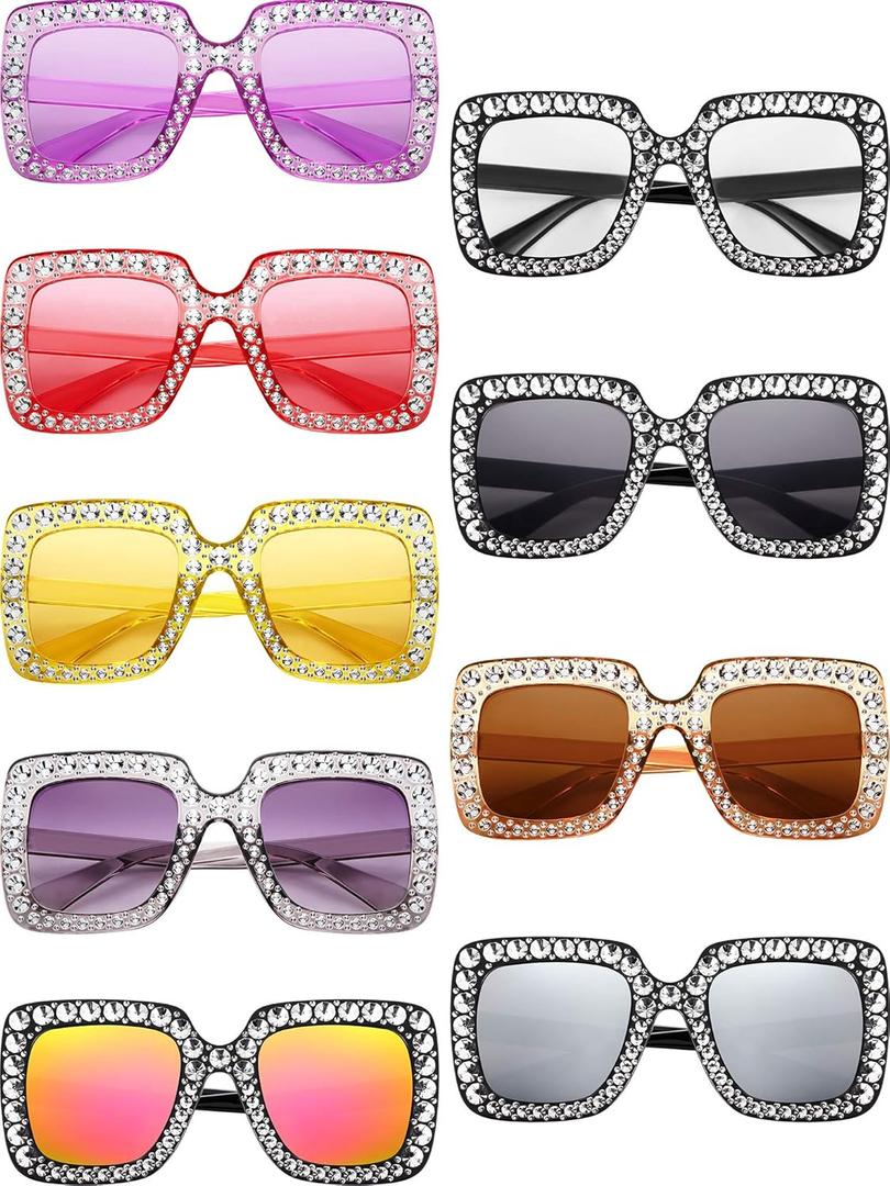 9 Pairs Rhinestone Oversized Square Sunglasses for Women Sparkling Bling Crystal Sunglasses AC Frame Glasses for Women