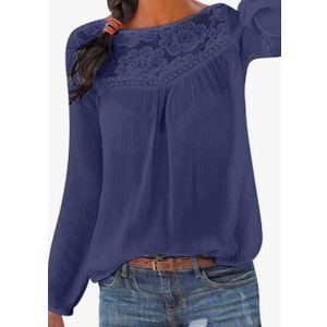 VOWUA Women's Lace Long Sleeve Shirts Crewneck Loose Fit Coton Tops Spring Summer Casual Tunic Blouse, Blue, M