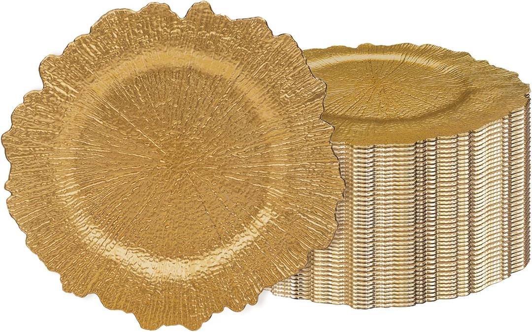 JEVERGN 40 Pack Gold Charger Plates Bulk, 13'' Reef Chargers for Dinner Plates, Gold Plate Chargers Set of 40, Round Plastic Charger for Wedding, Party Event, Dinner, Table Setting